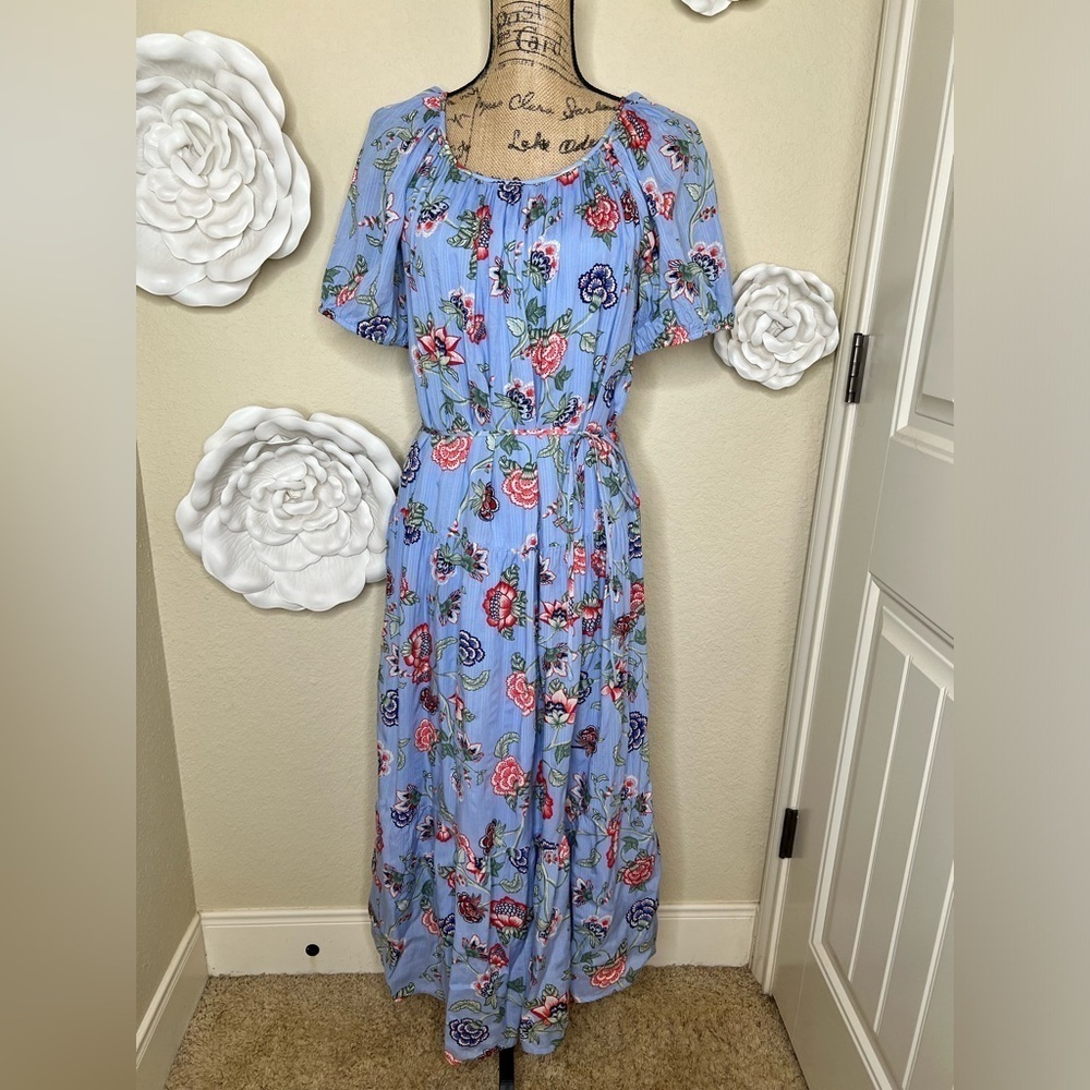 Loft Blue & Multicolor Floral Flowy Romantic Tiered Midi Dress Size Large